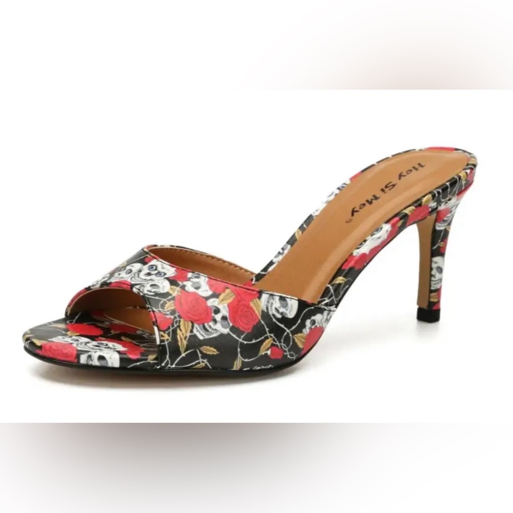 Hey Si Mey Peep Toe Kitten Heel Mules with Rose Skull Print NWOT